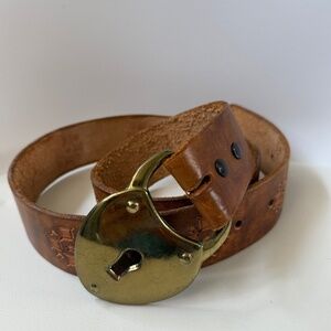 Vintage Brass Padlock Buckle Leather Belt – Hand-Tooled Western Style